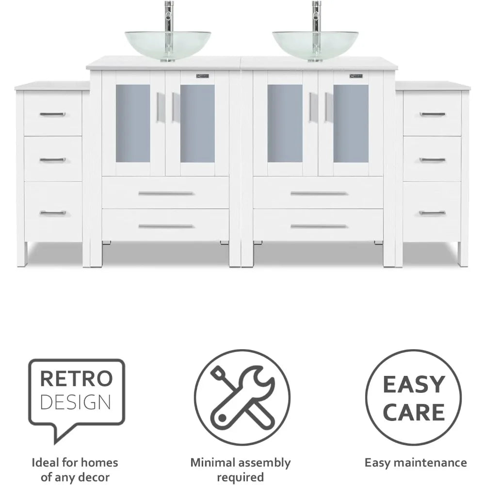 Modern Bathroom Vanity Sink Combo with Small Side Cabinets Clear Round Glass Vessel Sink Water Saving Faucet and Pop Up Drain