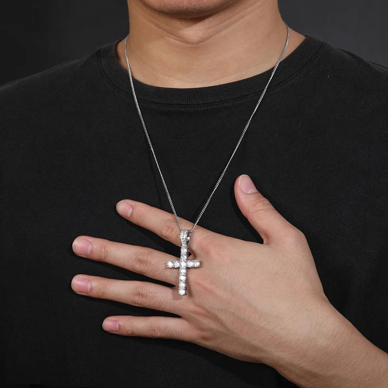 Religion Men Necklace 5mm VVS1 D Color Moissanite Cross Pendant 925 Sterling Silver 18K White Gold