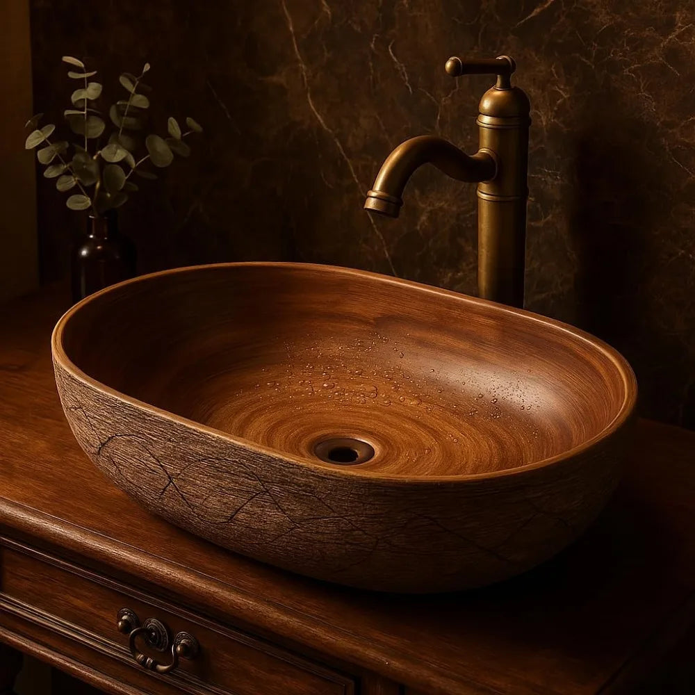 Bathroom Vessel Sink Oval Ceramic Washbasin Above Counter Retro Design