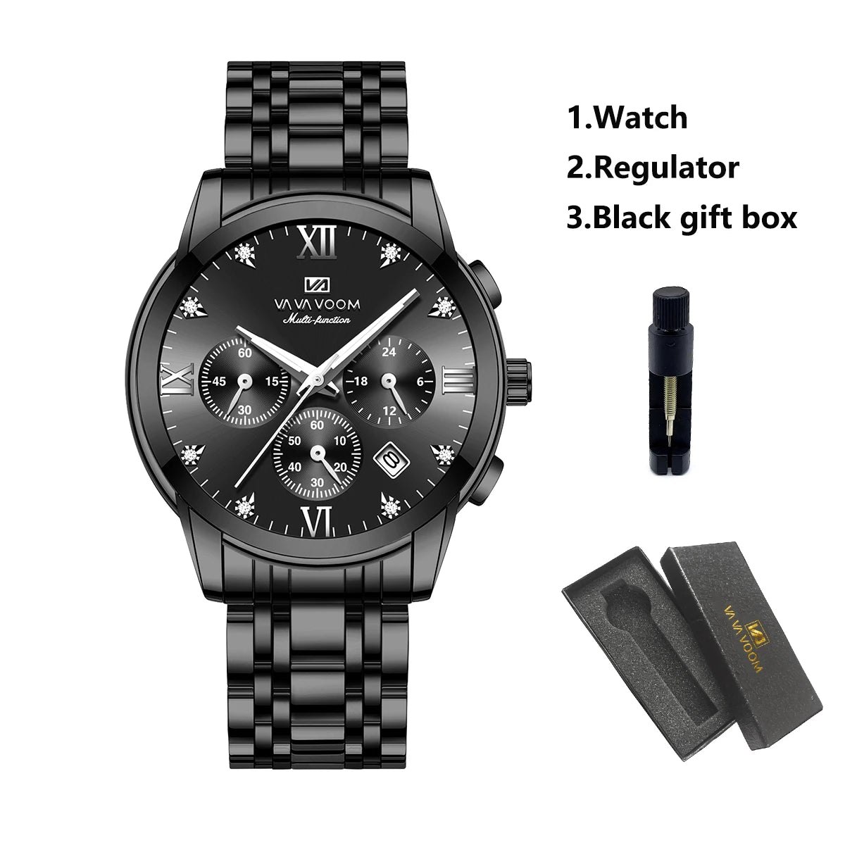 Va Va Voom Men's Multifunctional Watch Fashionable Stainless Steel Strap Blue Gold Rhinestone Casual Sports Timepiece