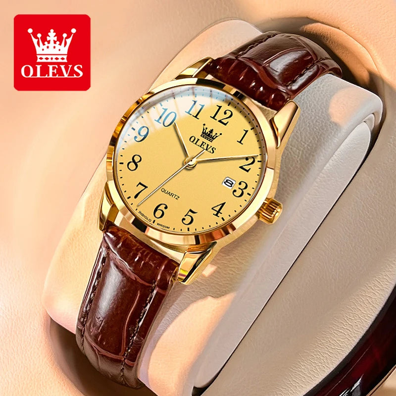 OLEVS Fashion Quartz Watch for Men and Women Leather Strap Waterproof Original Arabic Numeral Scale Perfect Gift for Elders