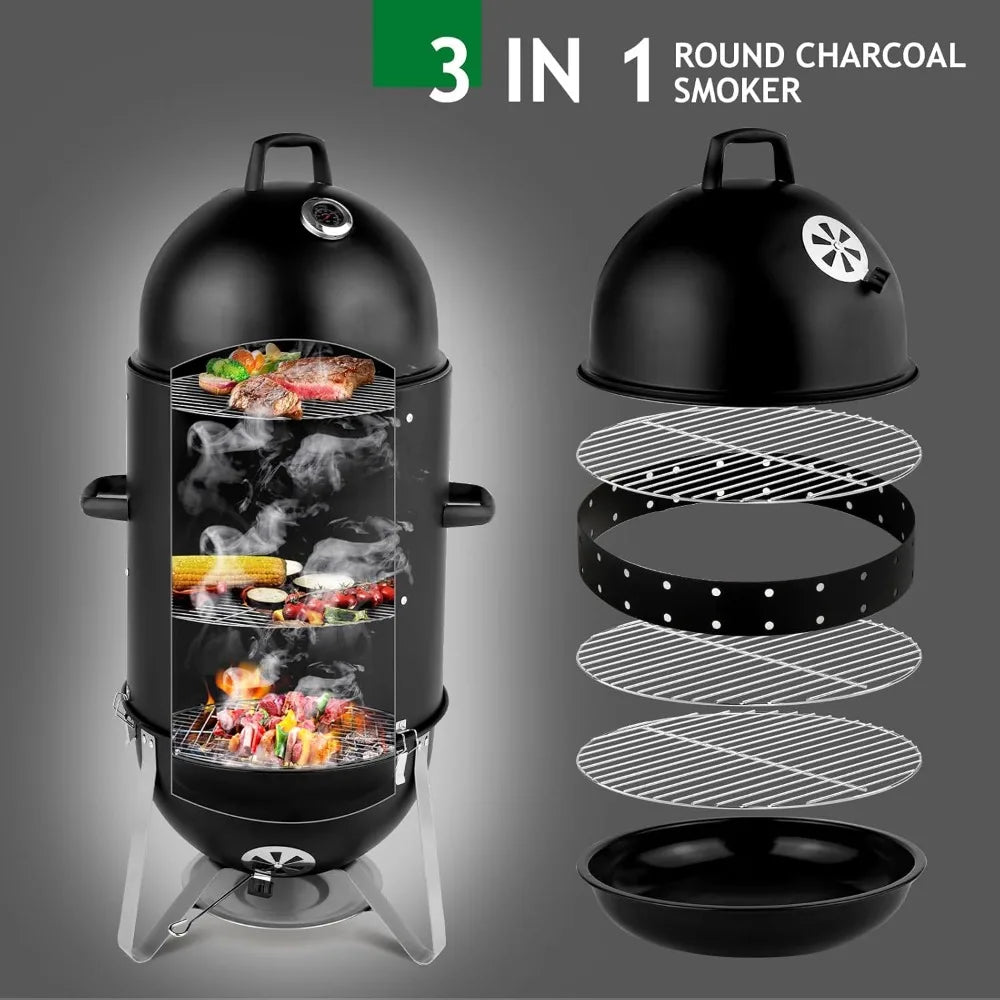 19 Inch Charcoal Smoker, 3-in-1 Vertical Bullet Smoker, Heavy Duty Meat Smokers Grill with Built-In Thermometer, Air Vent, And 2