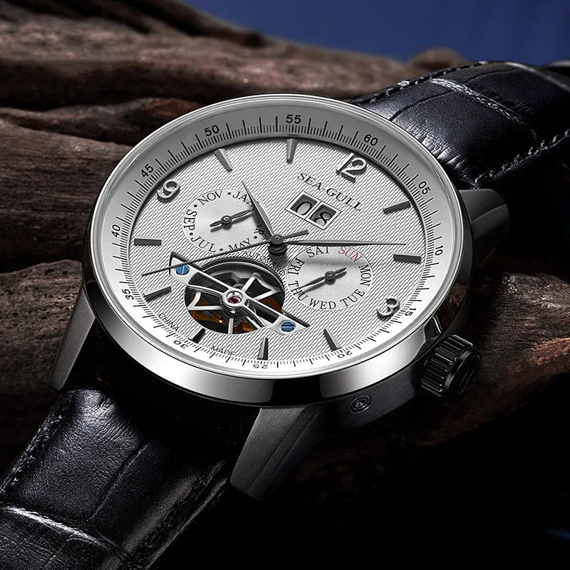 Sea Gull Men Automatic Watch Flywheel Mechanical Calendar Week Month Waterproof
