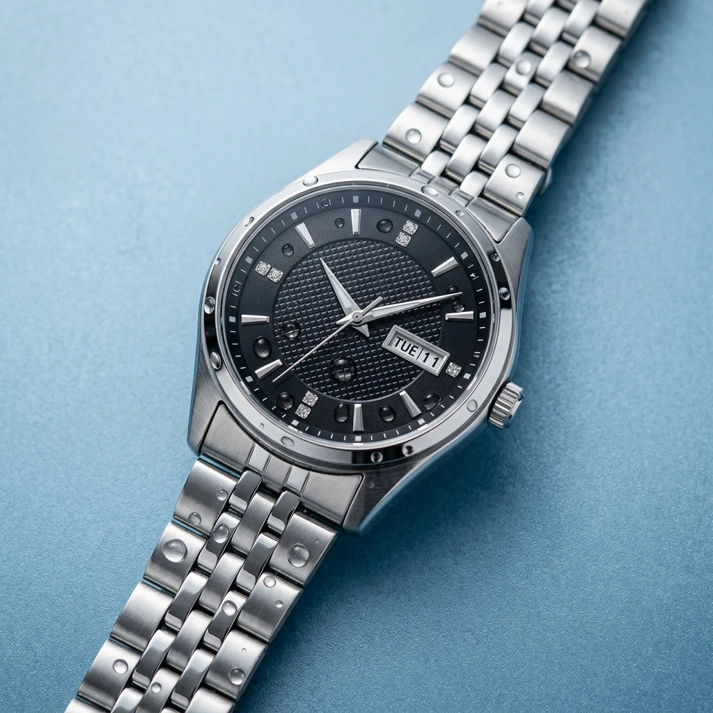 Orient Men's Business Automatic Mechanical Watch Dual Calendar Week Display Crystal Hour Markers Stainless Steel Band Wristwatch