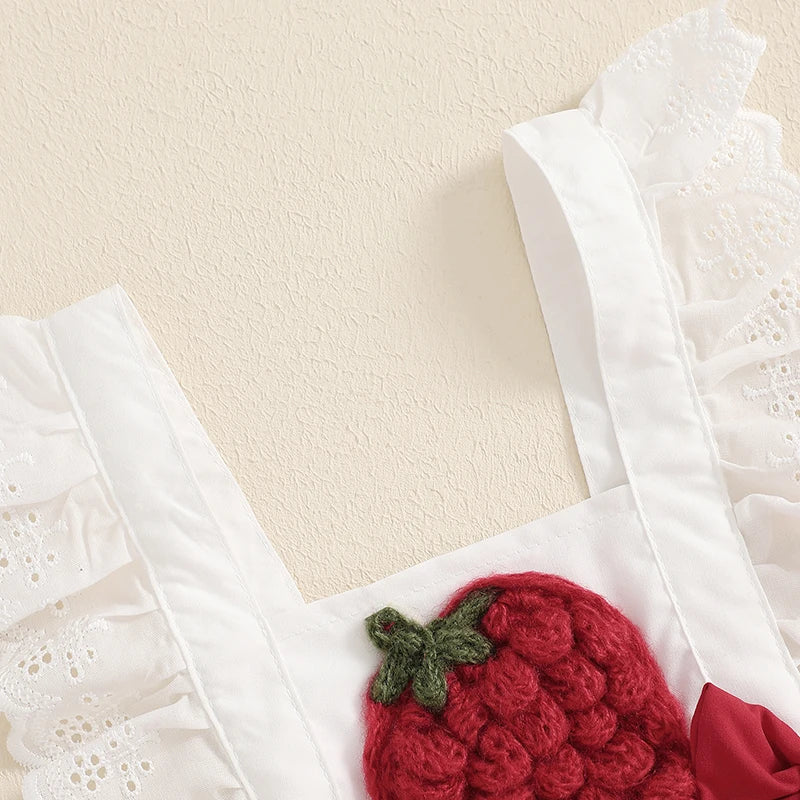 Infant Girls Rompers Dress with Cute Strawberry Embroidery Bow Lace Fly Sleeve Skirt Hem Adorable Summer Bodysuits