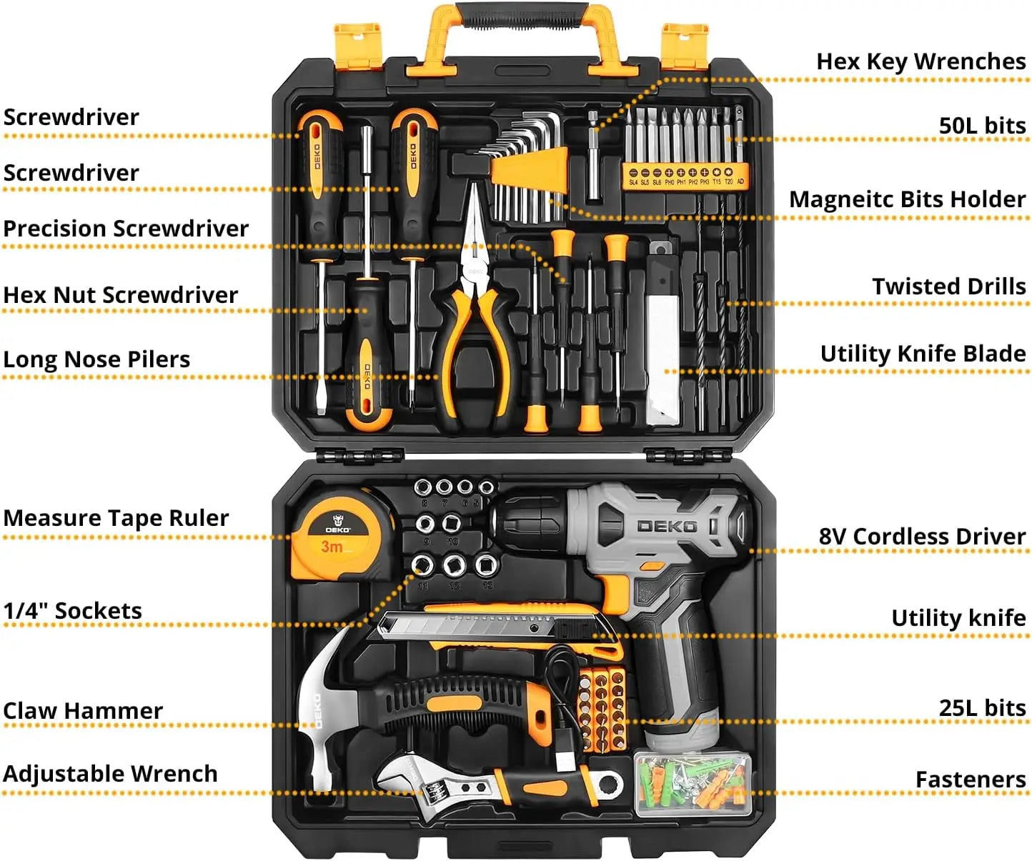 DEKO 126 Piece Power Tool Combo Kit with 8V Cordless Drill and 10MM Keyless Chuck Professional Household Tool Set
