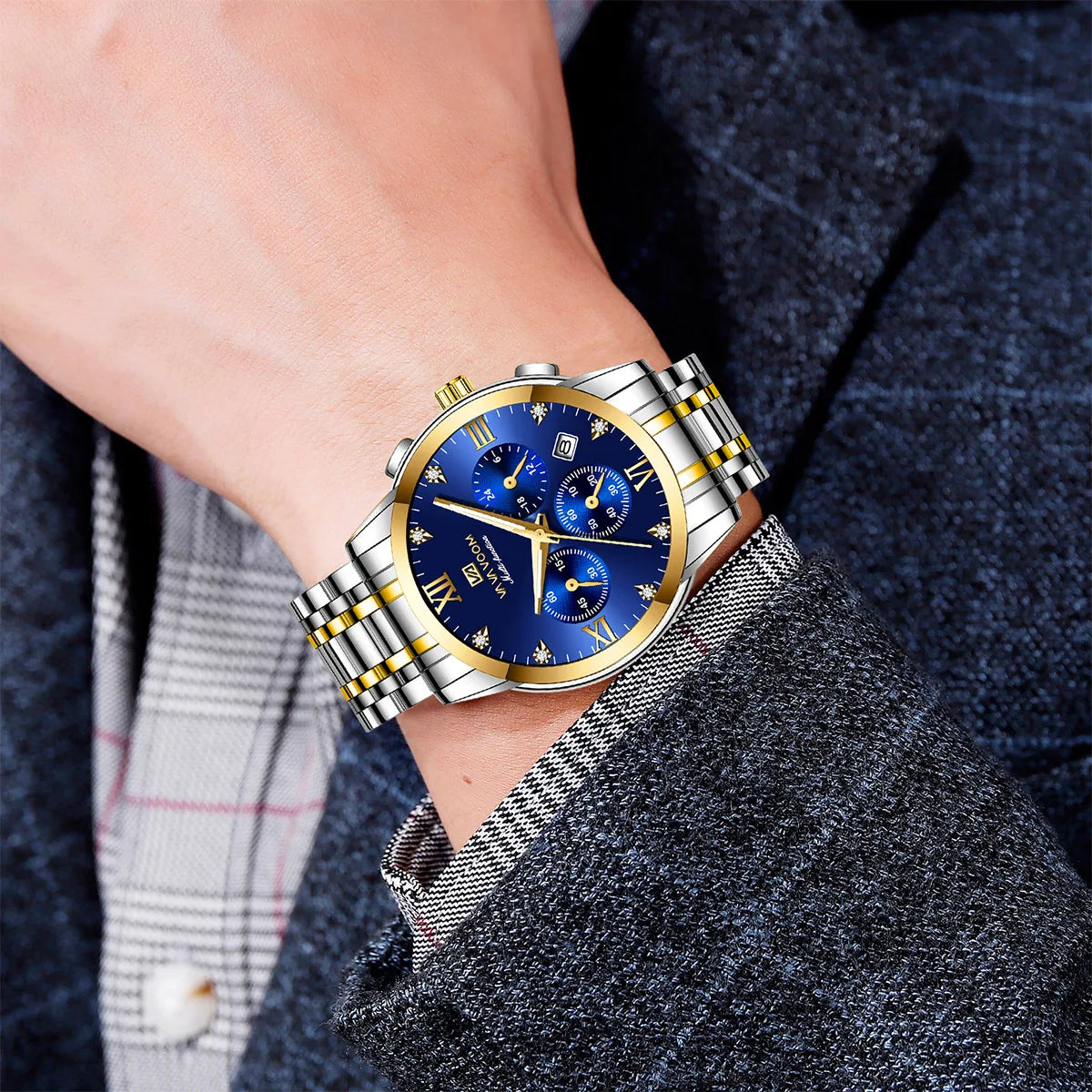 Va Va Voom Men's Multifunctional Watch Fashionable Stainless Steel Strap Blue Gold Rhinestone Casual Sports Timepiece