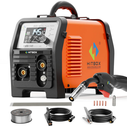 HITBOX 145A 4 in 1 Multi-process MlG Welder with Synergic Control 220V Stick ARC MMA/Gasless MIG/Lift TIG Support Spool Gun Large LED Display Hot Start Arc Force Anti-stick IGBT Inverter Welding Machine HBM145