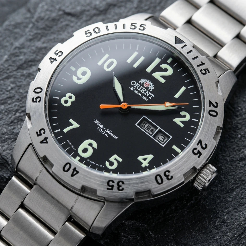 Orient Japanese Automatic Wristwatch for Men, 100M Water Resistant Dual Day Date Luminous Stainless Steel Sports Watch