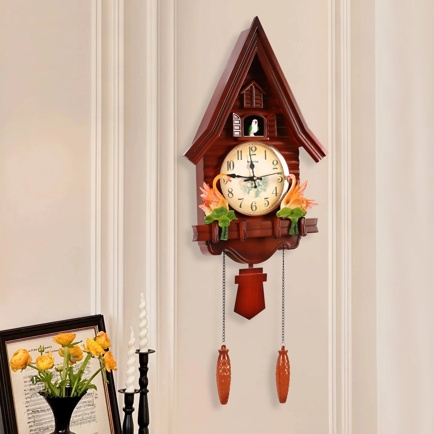Creative Reddish Brown Wall Clock for Living Room Decor Battery Operated Silent Plastic Clock