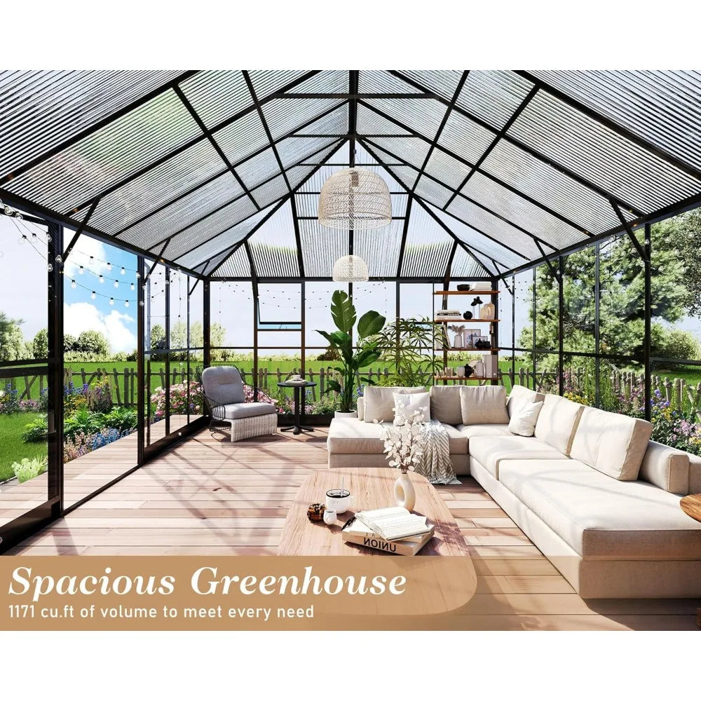 16x12x9.5 FT Pavilion Styled Greenhouse with Clear Panels Double Swing Doors and 4 Vents Hybrid Polycarbonate Greenhouse
