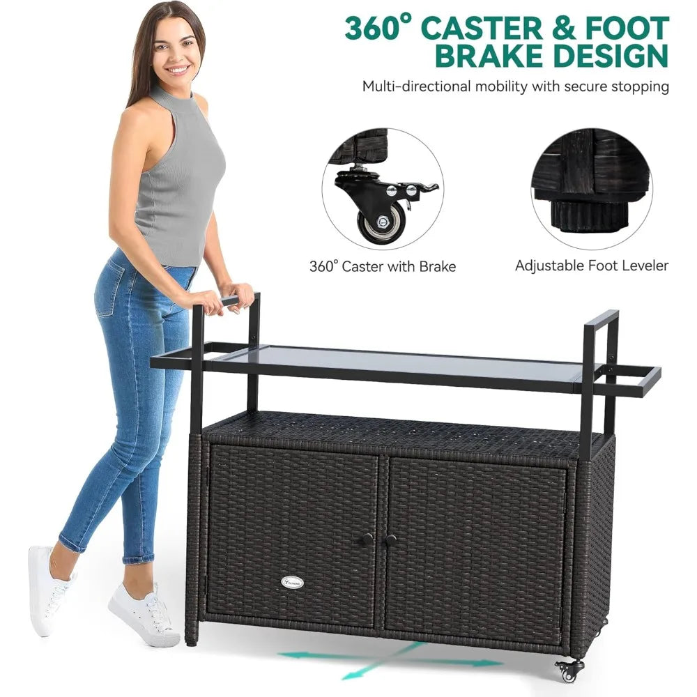 Large Outdoor Kitchen Wicker Island Rolling Cart and Patio Bar Table with Wheels and Black Glass Table Top for Backyard and Poolside