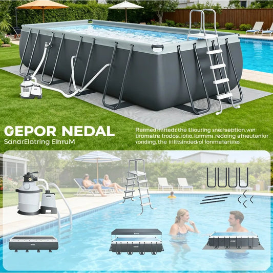 Above Ground Swimming Pool Set 18ft x 9ft x 52in Outdoor Rectangular Frame Pool with Filter Pump