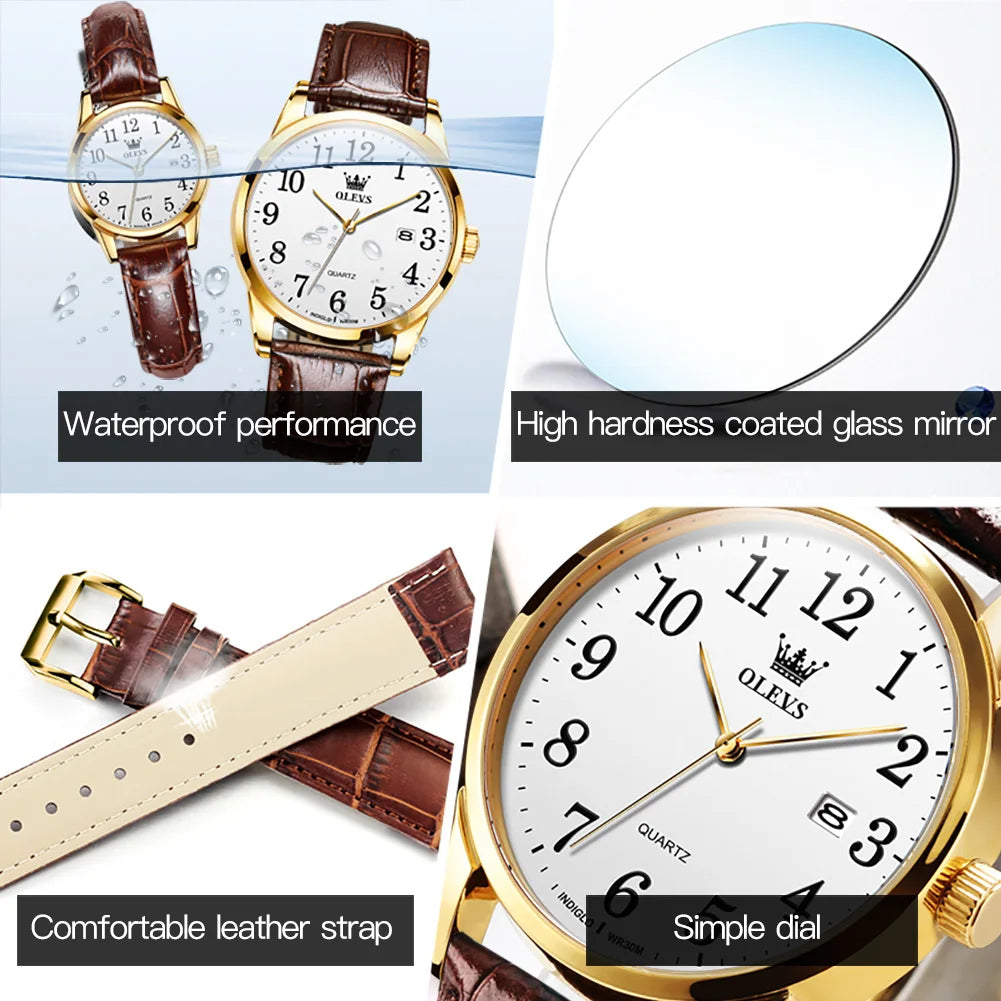 OLEVS Fashion Quartz Watch for Men and Women Leather Strap Waterproof Original Arabic Numeral Scale Perfect Gift for Elders