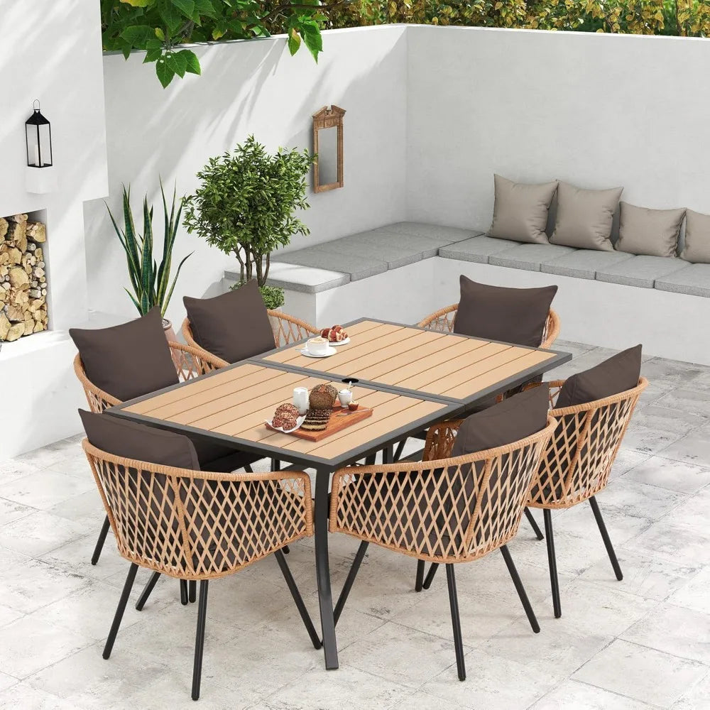 7 Piece Outdoor Patio Dining Set for 6 Wicker Rattan Furniture with Umbrella Hole and Cushions