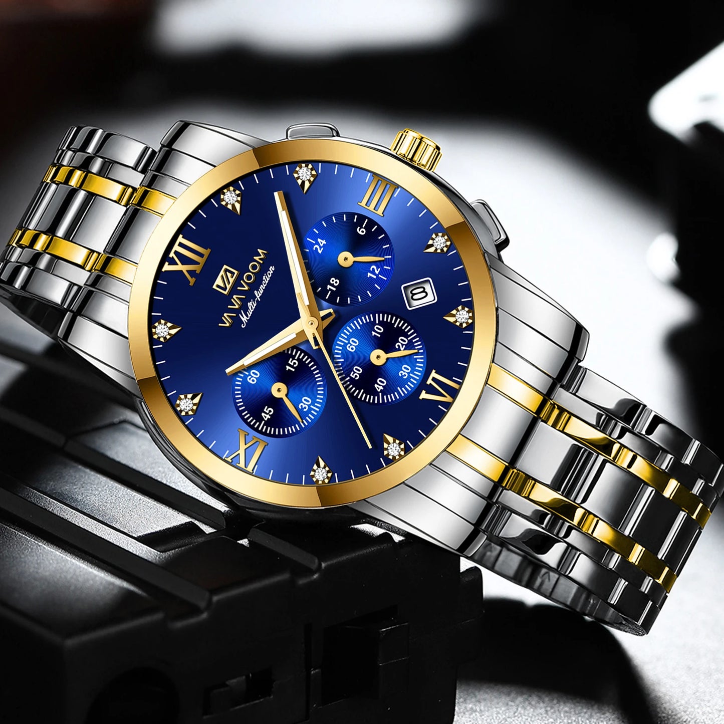Va Va Voom Men's Multifunctional Watch Fashionable Stainless Steel Strap Blue Gold Rhinestone Casual Sports Timepiece
