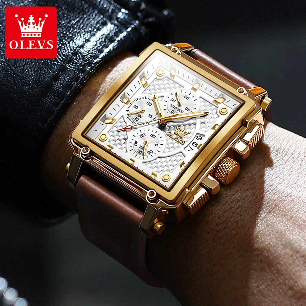 OLEVS Men Quartz Chronograph Watch Waterproof Leather Band Rectangle Case