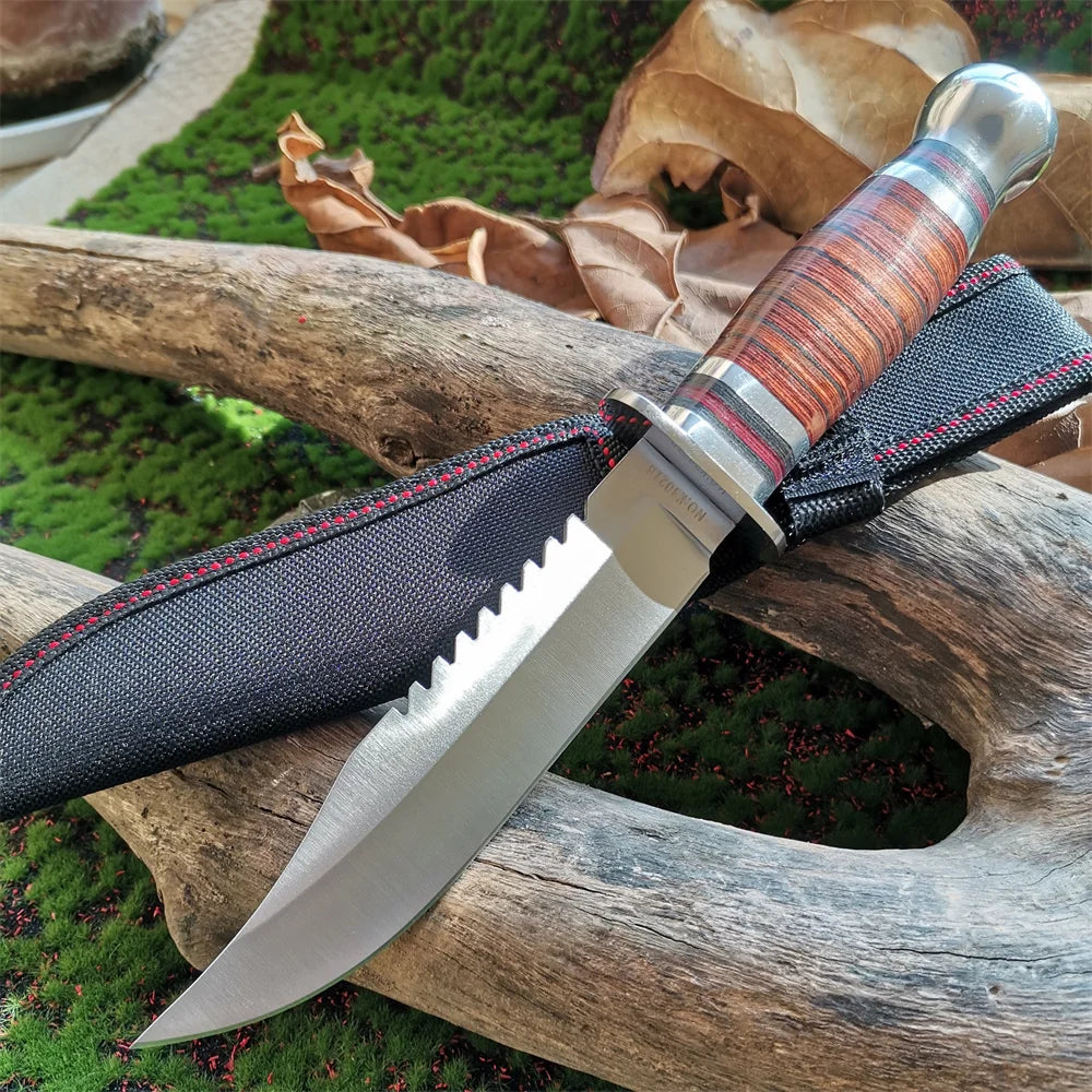 High Quality 8CR15Mov Steel Blade Hunting Knife with Wooden Handle Sharp and Reliable Straight Knife with Oxford Cloth Cover