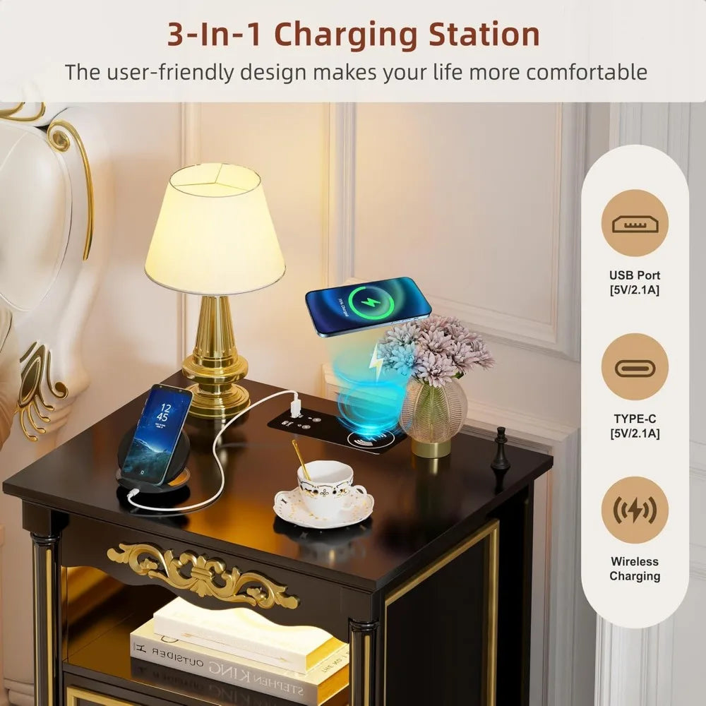 Set of 2 Nightstand with Gun Drawer Charging Bedside Table with USB and Type-C Port Retro Design with Human Sensor Light