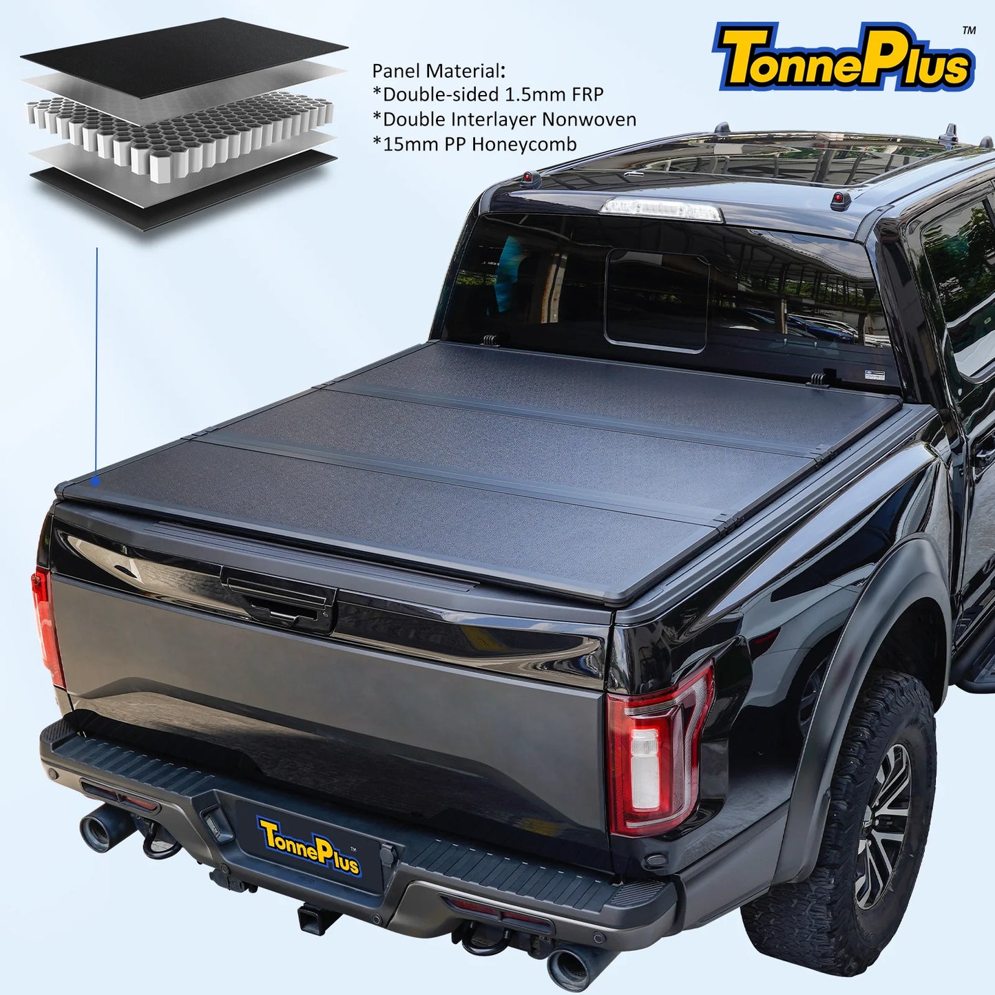 TonnePlus FRP Hard Tri-Fold Bed Tonneau Cover Compatible with 1999-2024 F250 F350 SuperDuty 6.8FT Bed and Lightning 81.9 Inch Bed