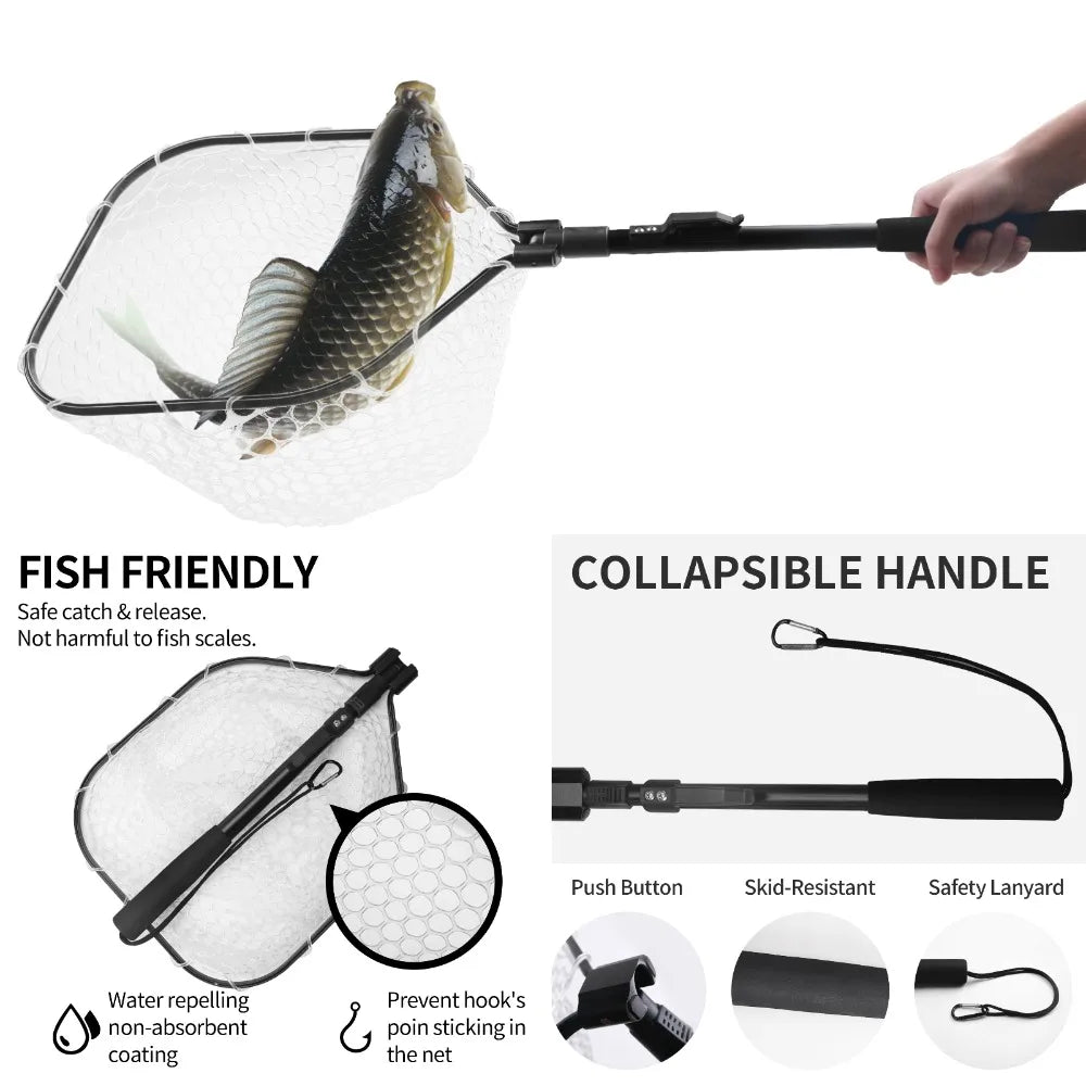 Fly Fishing Landing Net With Soft Rubber Mesh Aluminum Handle Frame Lightweight Portable Catch Release Trout Bass Net