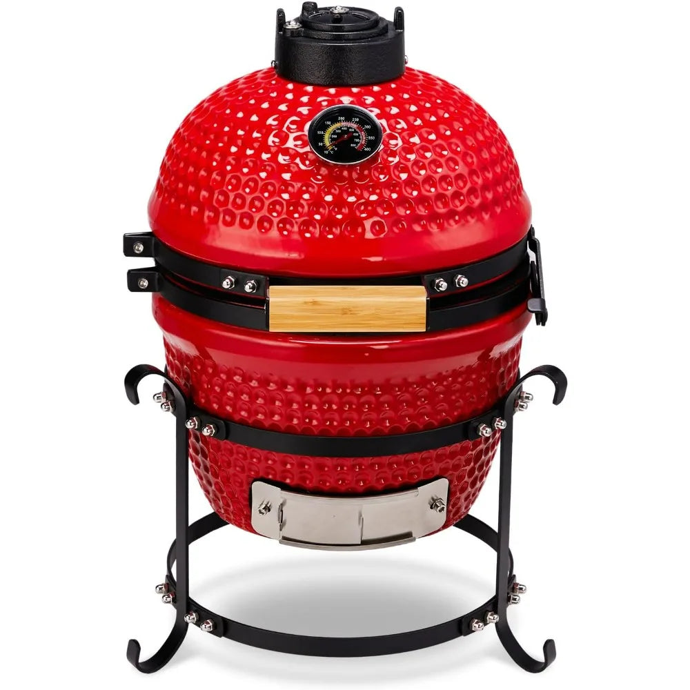 13" Round Kamado Charcoal Grill, Portable Ceramic Barbecue Grill With Thermometer For Variations On Cooking Methods(Red)