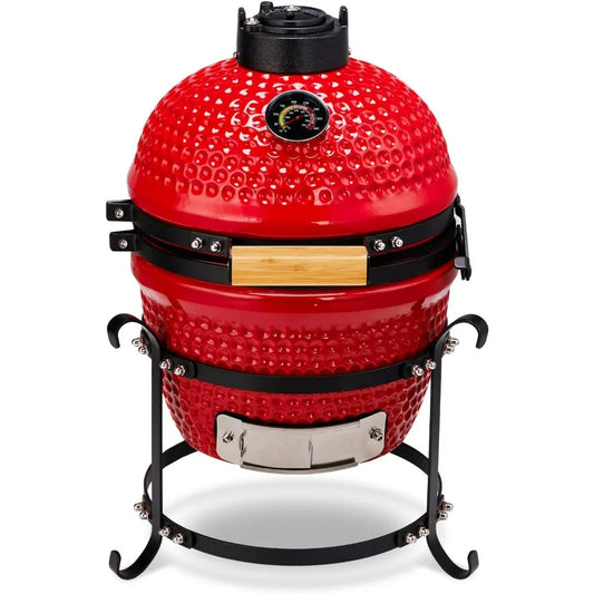13" Round Kamado Charcoal Grill, Portable Ceramic Barbecue Grill With Thermometer For Variations On Cooking Methods(Red)
