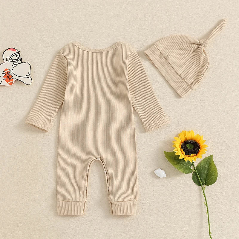 Baby Boy Ribbed Romper Rugby Letter Print Jumpsuit Hat