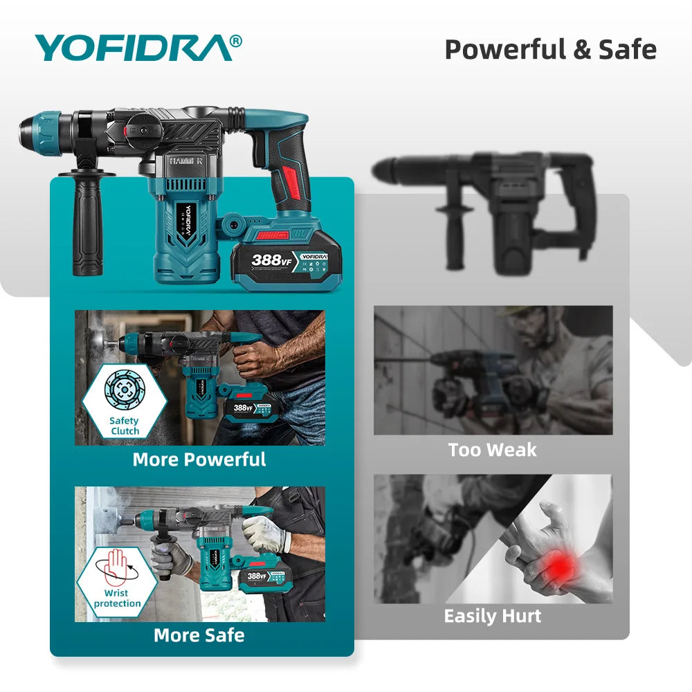 YOFIDRA 2200W Brushless Electric Hammer Impact Drill 6400IPM Multi-Screwdriver Rotary Drilling Power Tool For Makita Battery Pin