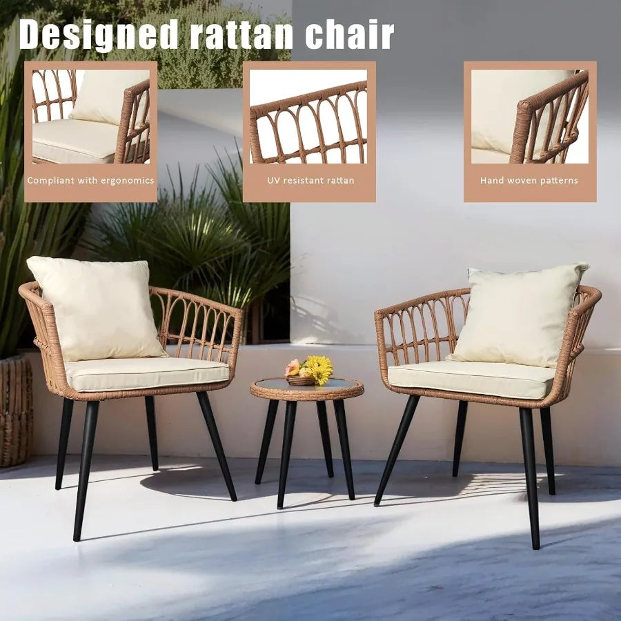 3 Piece Patio Bistro Set Outdoor Rattan With Glass Table