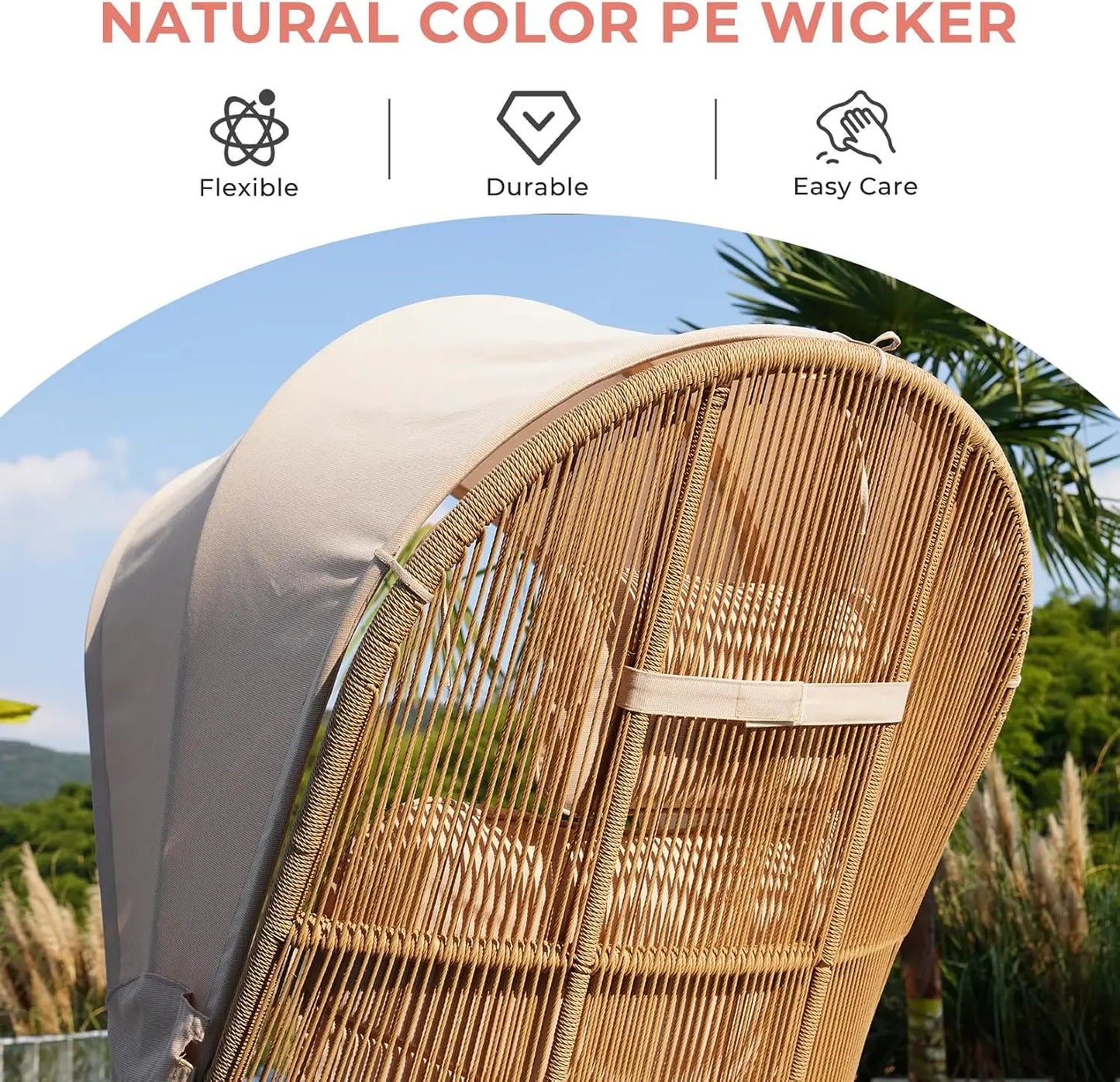 Wicker Folding Egg Chair with Ottoman Boho Oversize Lounge Chair Beige Open Weave Wicker Sun Shade for Patio