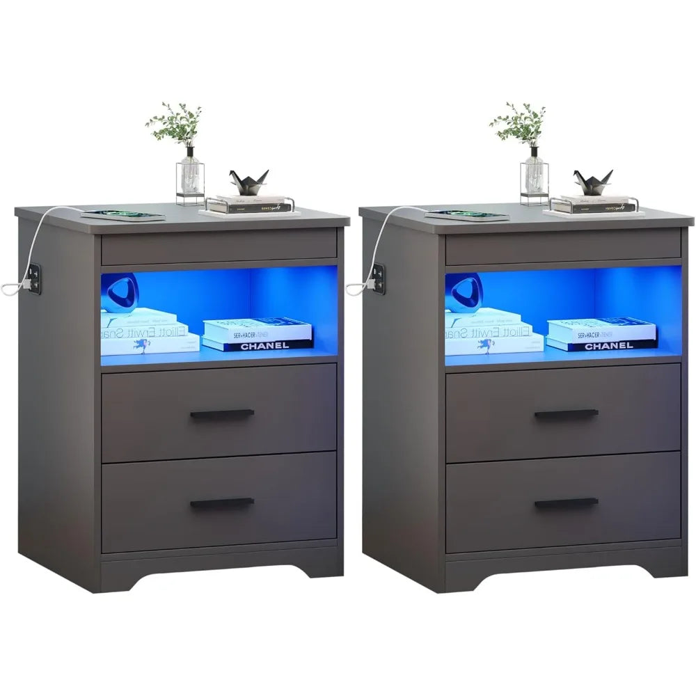 Night Stand Set of 2 Charging Bedside Table with USB and Type-C Port LED Night Stand with Human Sensor Light and Gun Drawers
