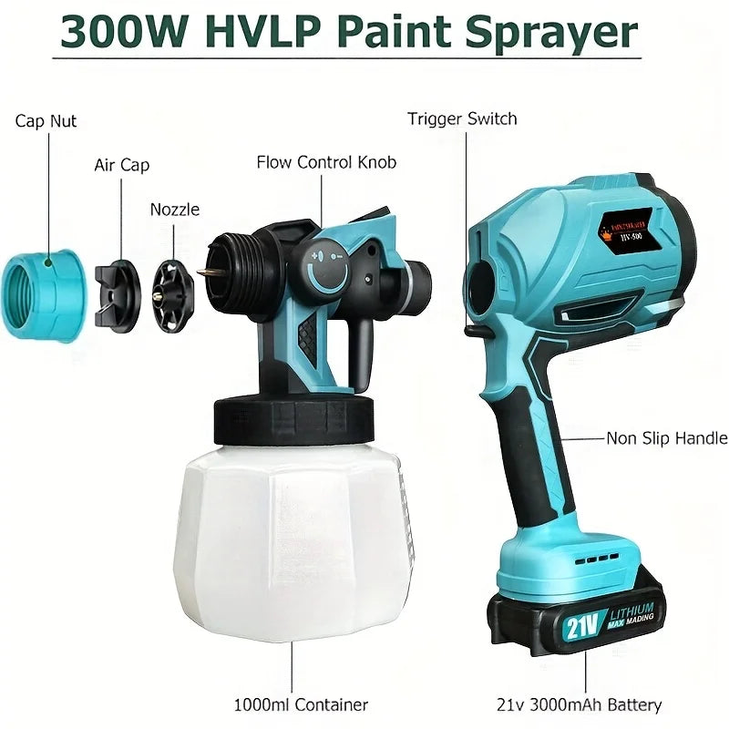 1000ML Cordless Electric Spray Gun Paint Sprayer for Auto Furniture Steel Coating Compatible with 21V Battery
