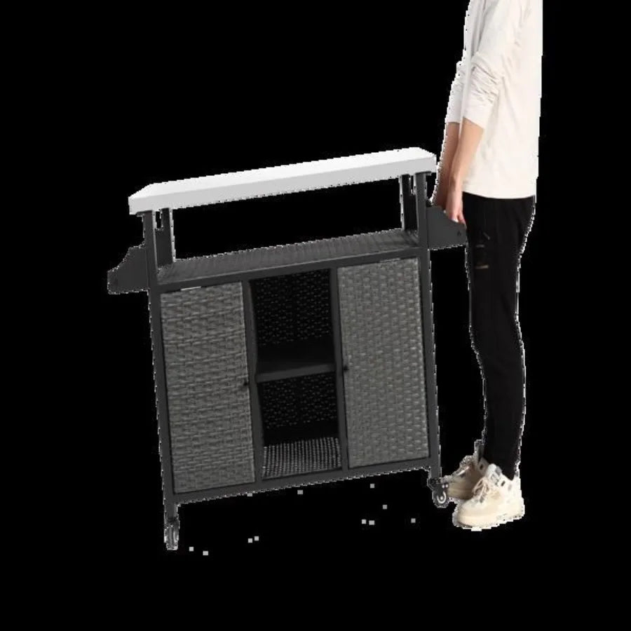 Large Bar Cart Outdoor Kitchen Wicker Island Rolling Cart Storage Cabinet with Wheels and Stainless Steel Extended Table Top