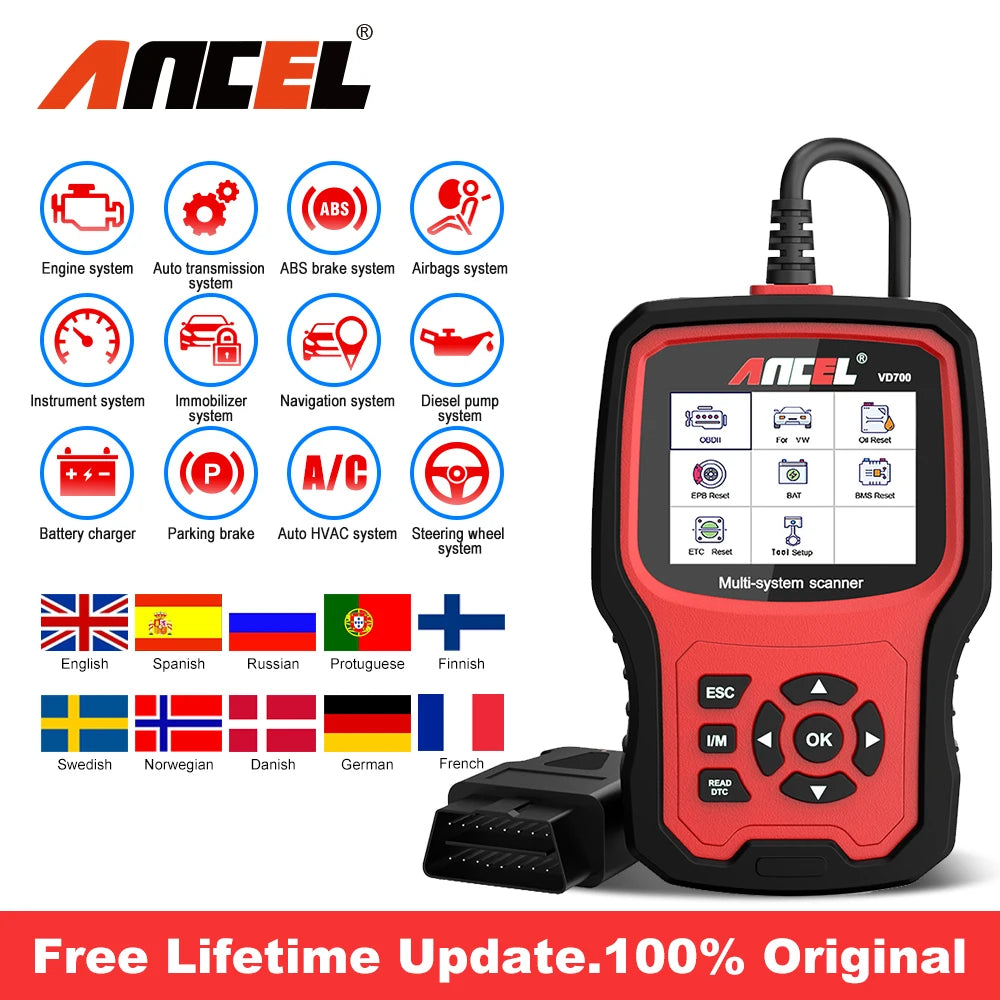 ANCEL VD700 All System OBD2 Scanner For VAG VW Audi TPMS Oil ABS EPB DPF Airbag Reset Car Diagnostic Tools