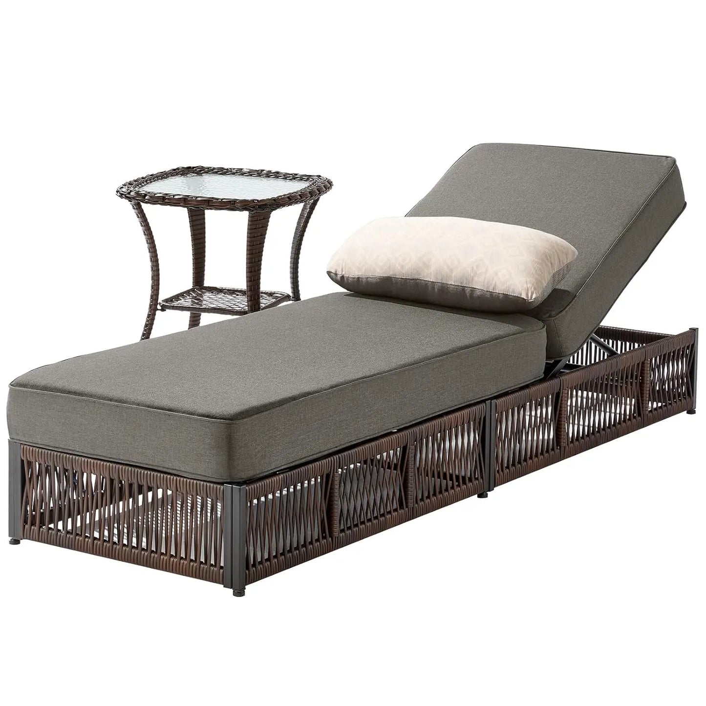 2 Piece Outdoor High Back Chaise Lounge Side Table Set Brown Wicker Cushions