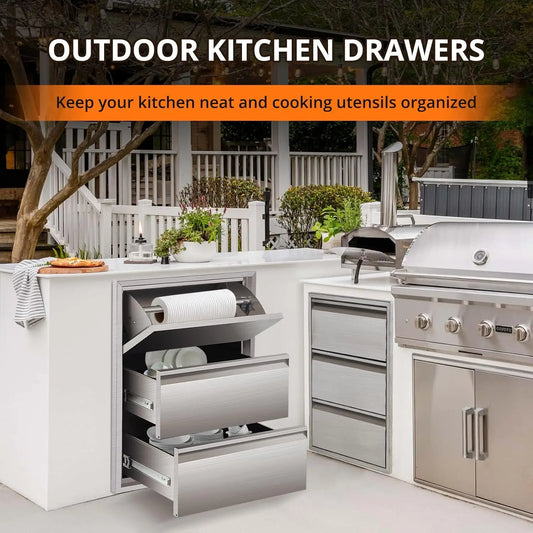 Outdoor Kitchen Drawers with Paper Towel Holder Stainless Steel Outdoor Kitchen Drawers 3 Layer Flush Mount BBQ Drawers