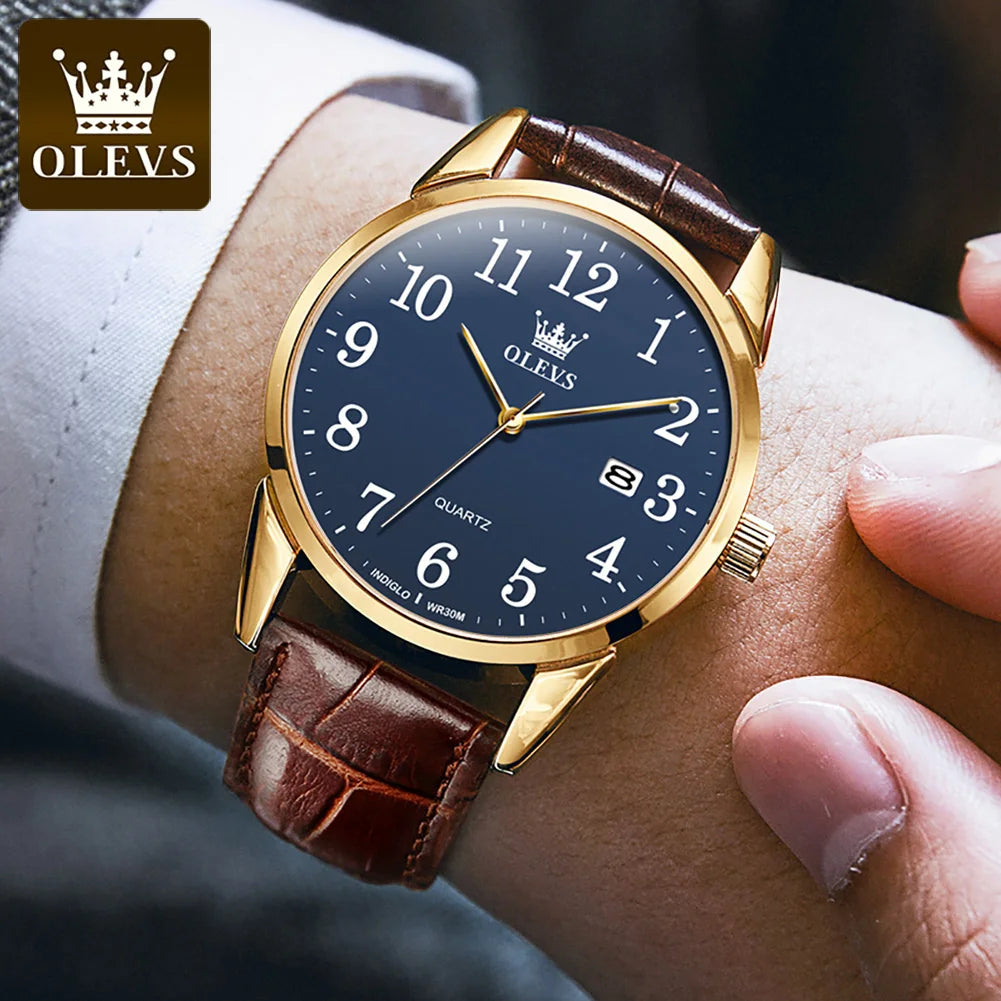 OLEVS Fashion Quartz Watch for Men and Women Leather Strap Waterproof Original Arabic Numeral Scale Perfect Gift for Elders