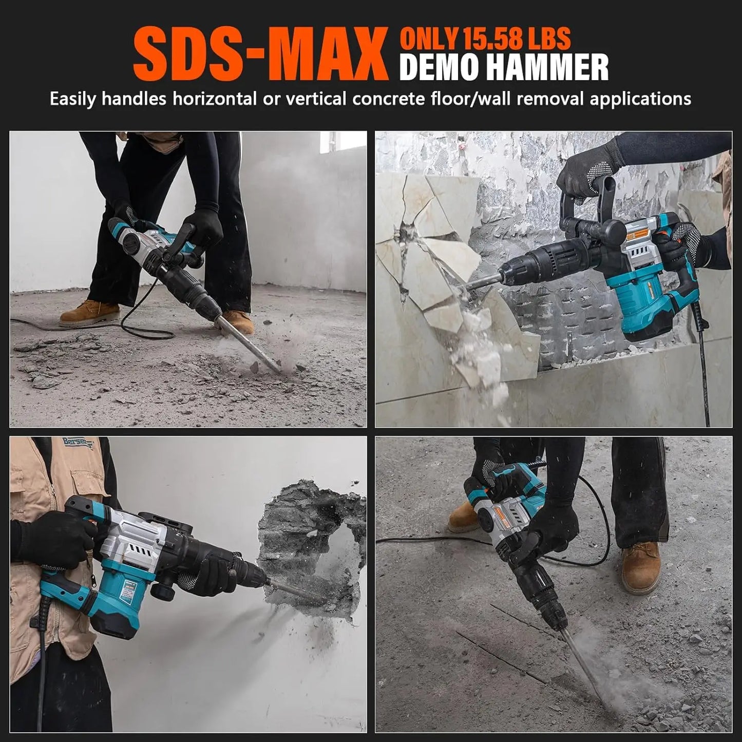 1300W 16 Pound SDS Max Demolition Jack Hammer 1-9/16 Inch 11 Amp Small Corded Electric Demo Chipping Hammer for Floor Tile Removal