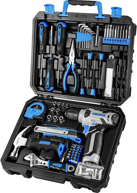 Deko Drill Set 126 Piece Tool Kit with 8V Blue Cordless Drill and Hand Tools for Women