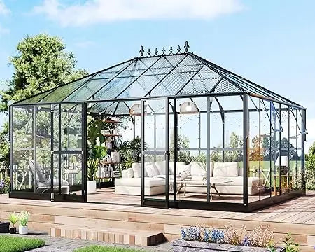 16x12x9.5 FT Pavilion Styled Greenhouse with Clear Panels Double Swing Doors and 4 Vents Hybrid Polycarbonate Greenhouse
