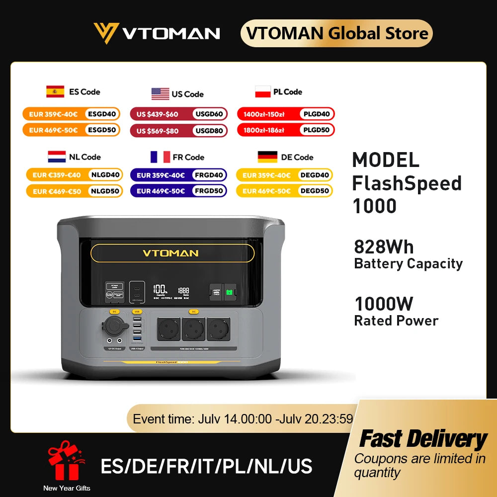 Vtoman FlashSpeed 1000 Portable Power Station 2000W 828Wh LiFePO4 Battery for Outdoor Camping Travel