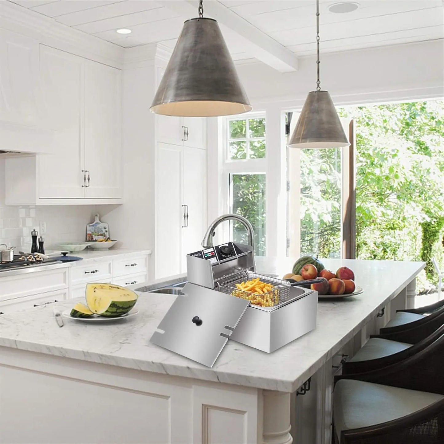 Electric Fryer 6L Commercial Electric Countertop Stainless Steel Deep Fryer Basket for French Fries Restaurant and Home Kitchen