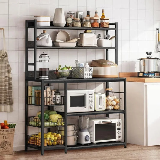 Kitchen Bakers Rack with Baskets 5 Tier Kitchen Utility Storage Shelf with Hooks Microwave Oven Stand Rack