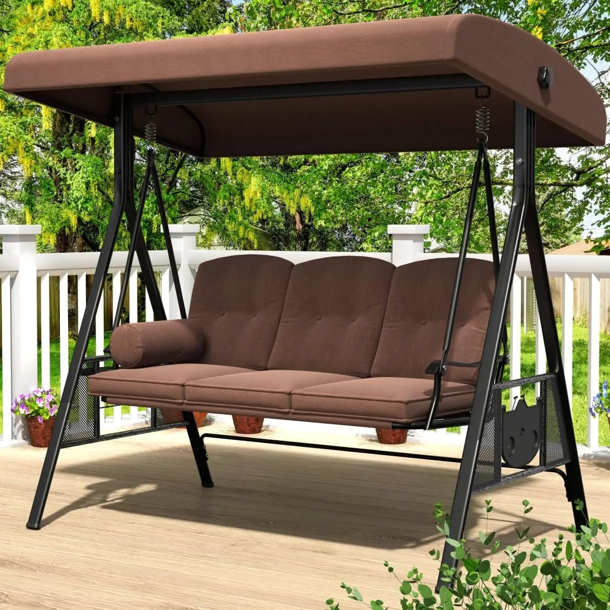 3 Seat Outdoor Porch Swing With Adjustable Canopy Beige Customizable Removable