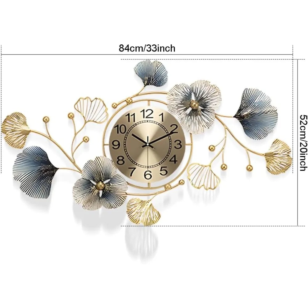 Large Metal Wall Clock with LED Light Silent Creative Decorative 3D Ginkgo 33.6 x 20 Inch