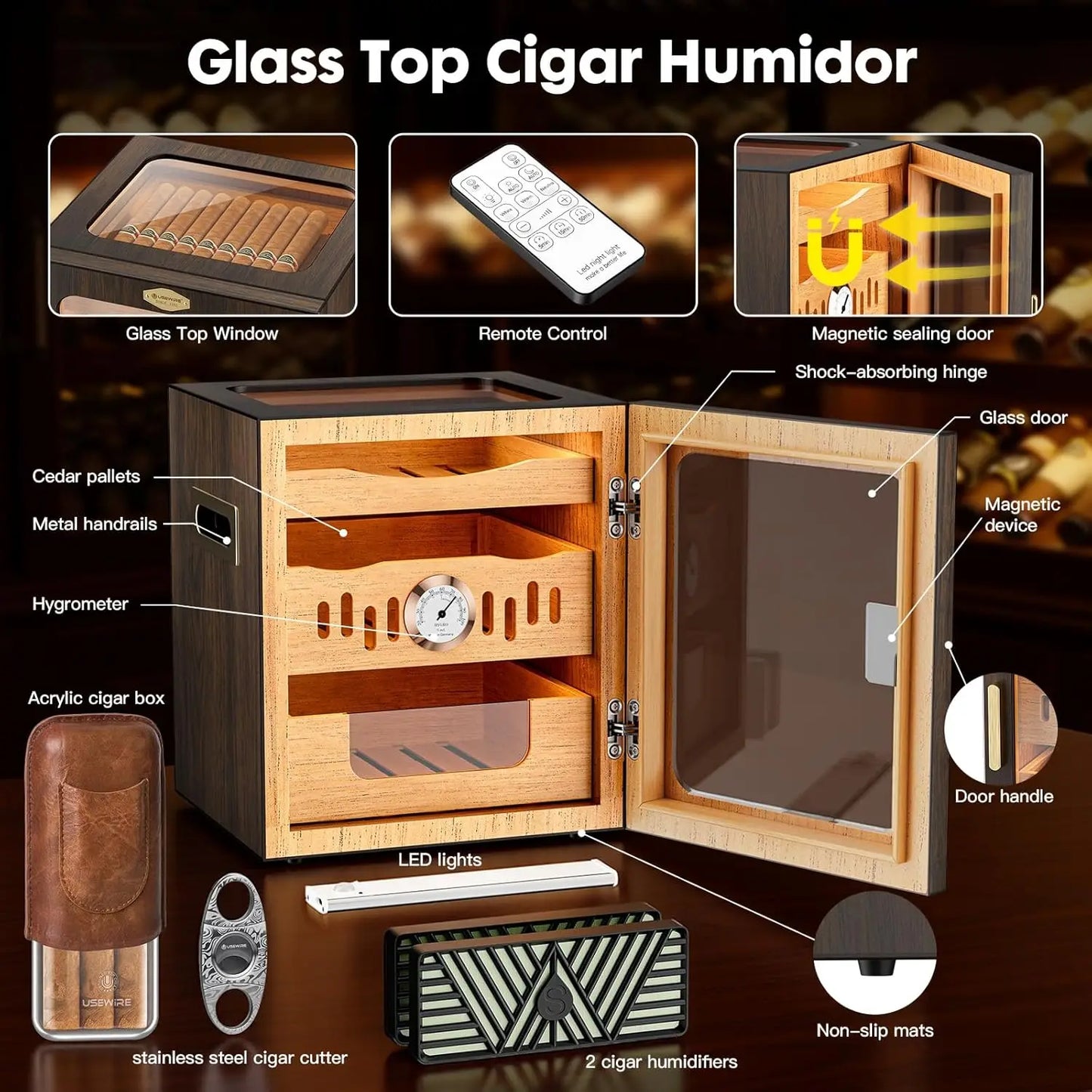 Walnut Cigar Humidor Cabinet LED Lighting Remote Hygrometer Case And Cutter