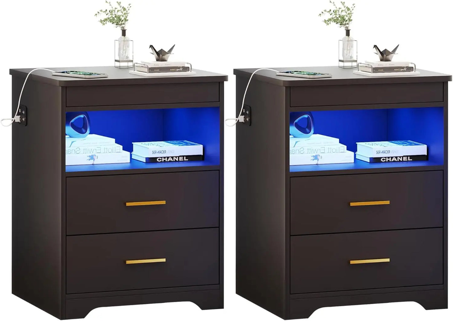 Night Stand Set of 2 Charging Bedside Table with USB and Type-C Port LED Night Stand with Human Sensor Light and Gun Drawers