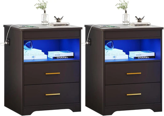 Night Stand Set of 2 Charging Bedside Table with USB and Type-C Port LED Night Stand with Human Sensor Light and Gun Drawers
