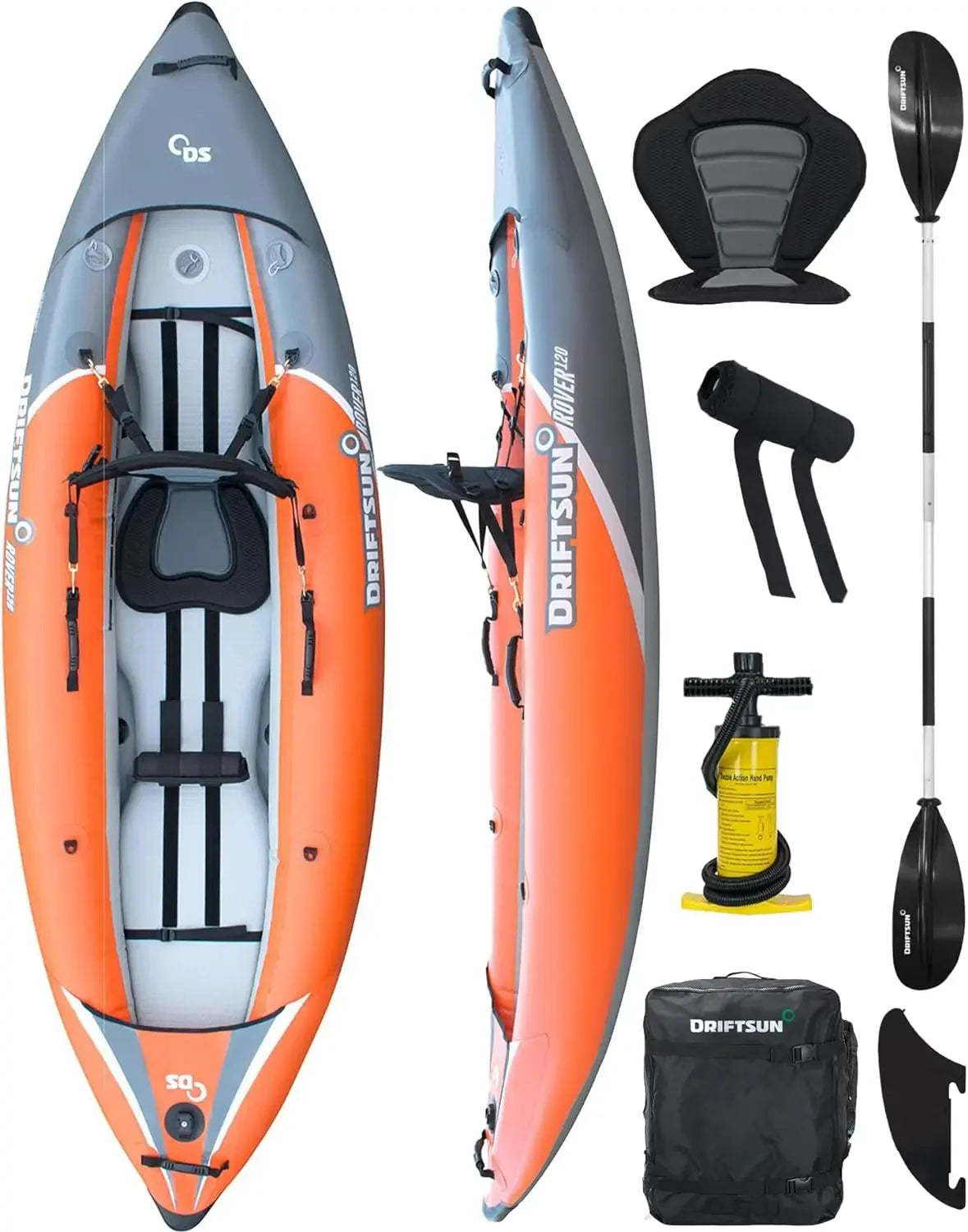 Driftsun Rover 120 Inflatable Kayak Single Rider High Pressure Floor Padded Seats White Water Kayak